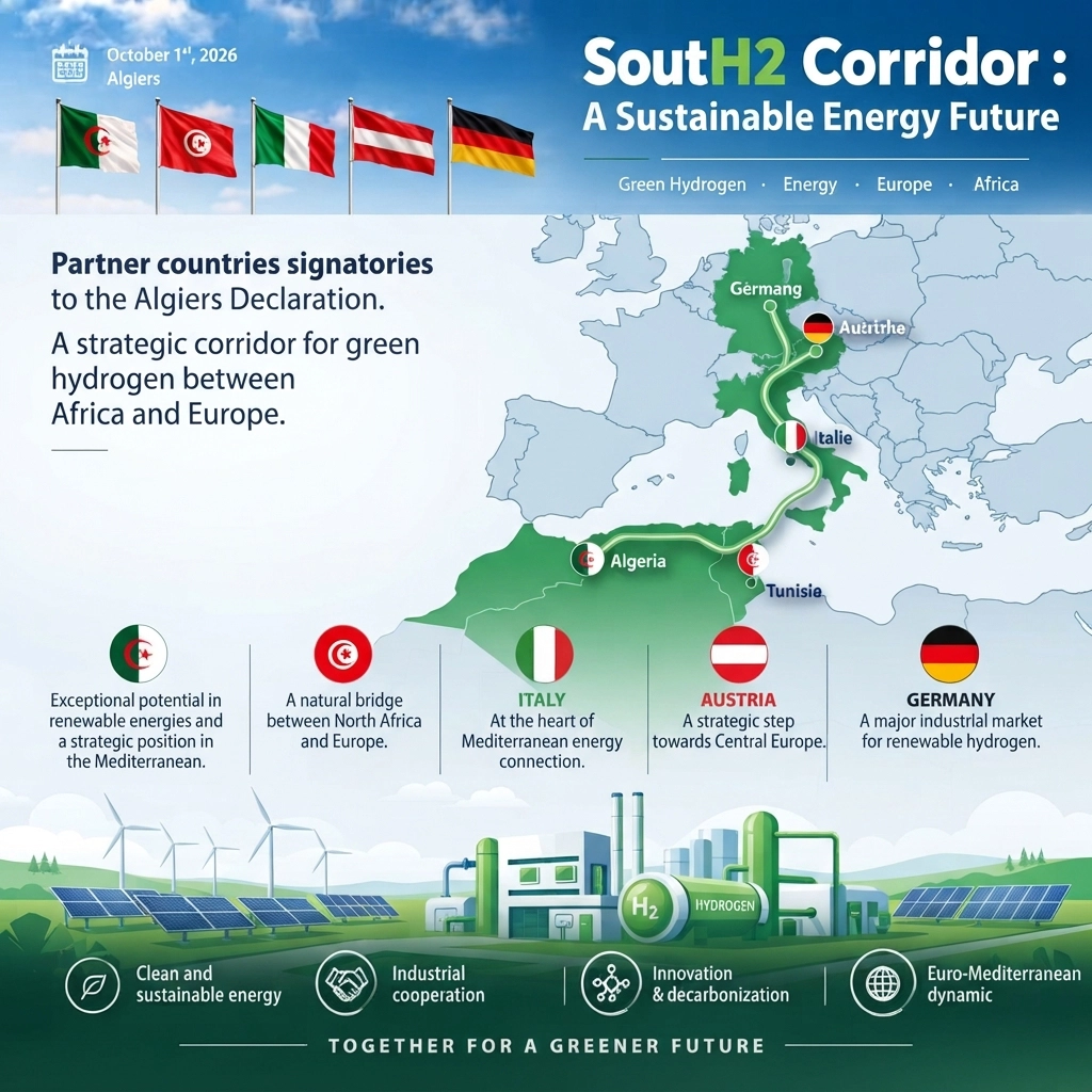 Infographic: the SoutH2 Corridor linking Algeria, Tunisia, Italy, Austria and Germany (Algiers, 1 October 2026)